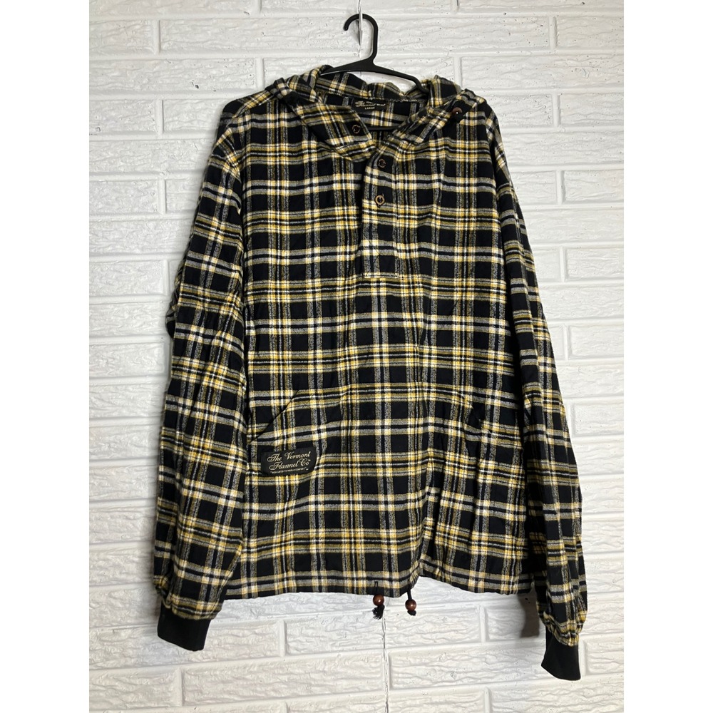 The Vermont Flannel Co Hoodie Mens Large Black Yellow Plaid Excellent Pullover